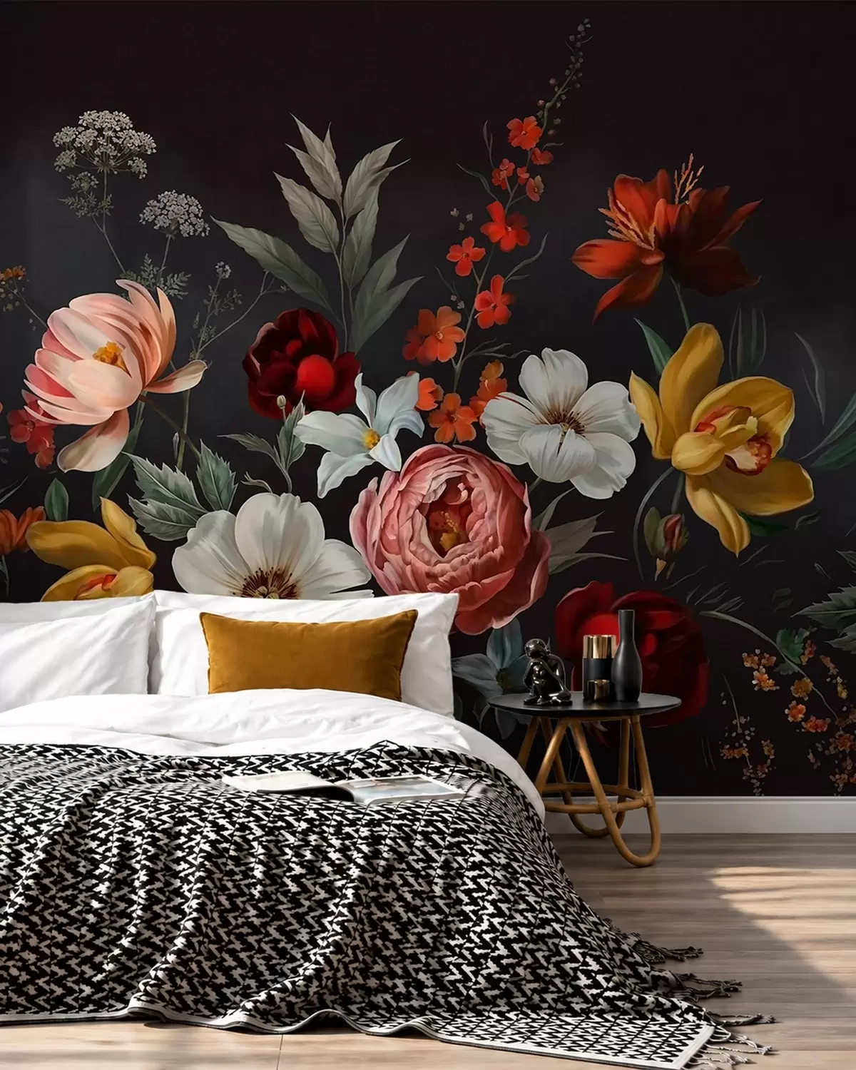Fototapete Üppiges Blumenarrangement aus bunten Blumen vor dunklem Hintergrund w05960
