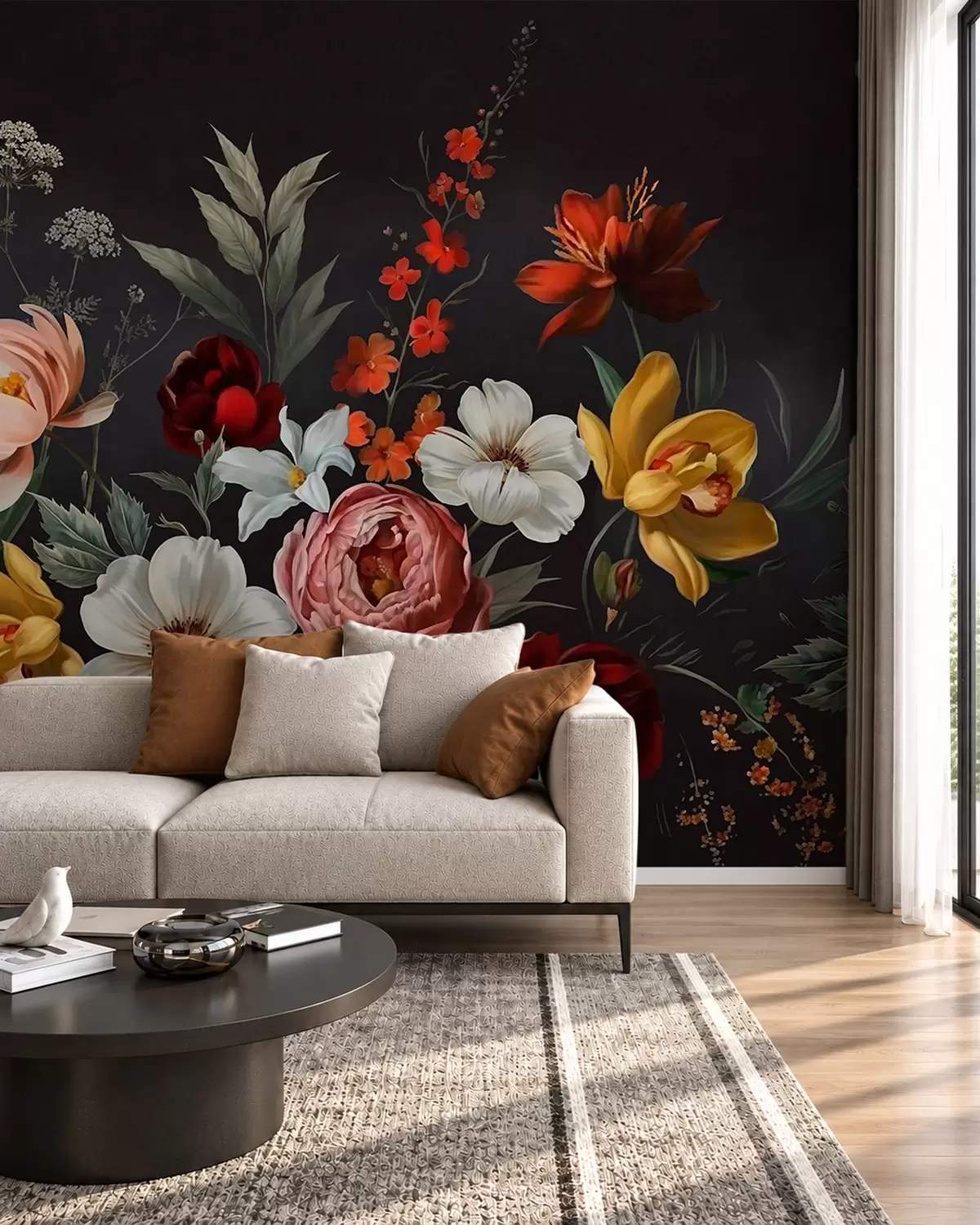 Fototapete Üppiges Blumenarrangement aus bunten Blumen vor dunklem Hintergrund w05960