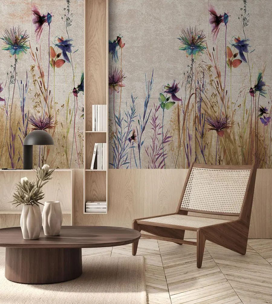 Fototapete Ungewöhnliche hohe Blüten auf einem beige Hintergrund u93672