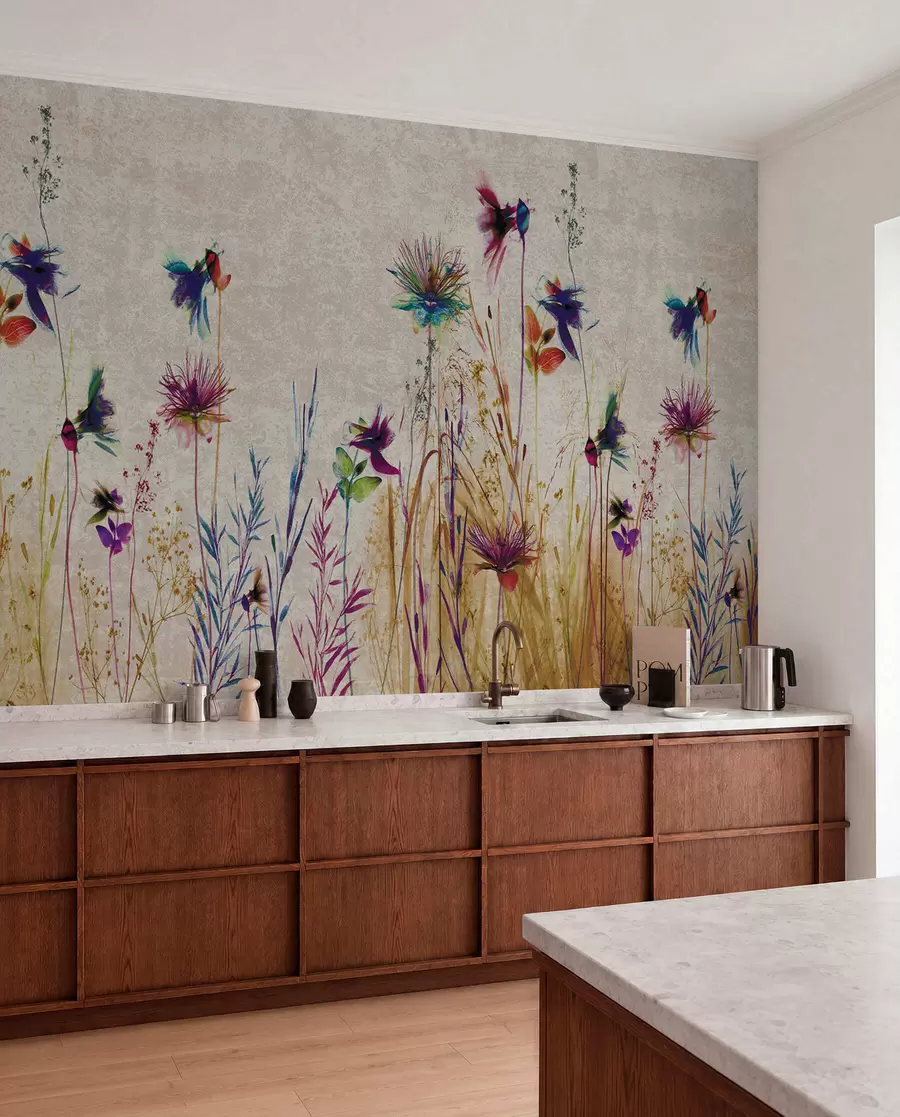 Fototapete Ungewöhnliche hohe Blüten auf einem beige Hintergrund u93672