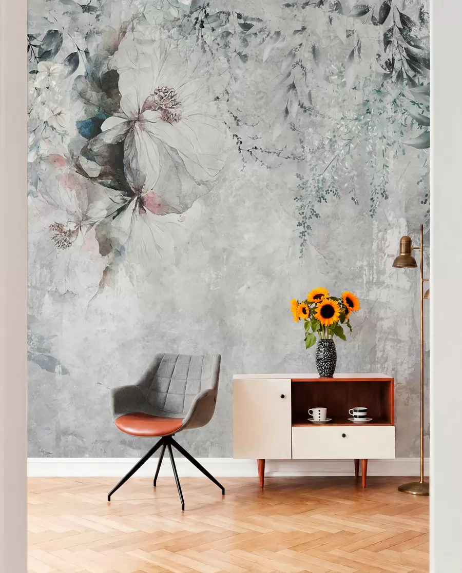 Fototapete Grunge-Stil mit Zweigen und weißen Knospen u74746
