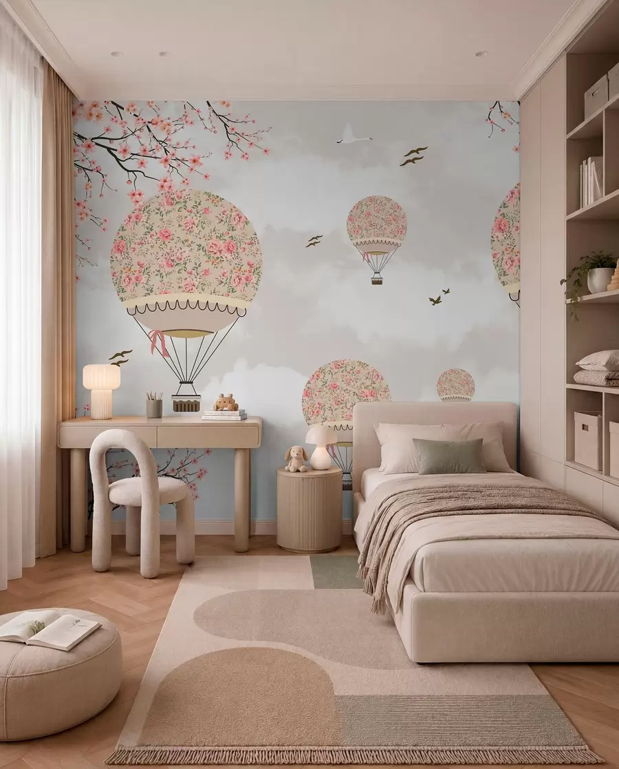 Fototapete Luftballons in Blumen und Sakura-Zweigen u94445