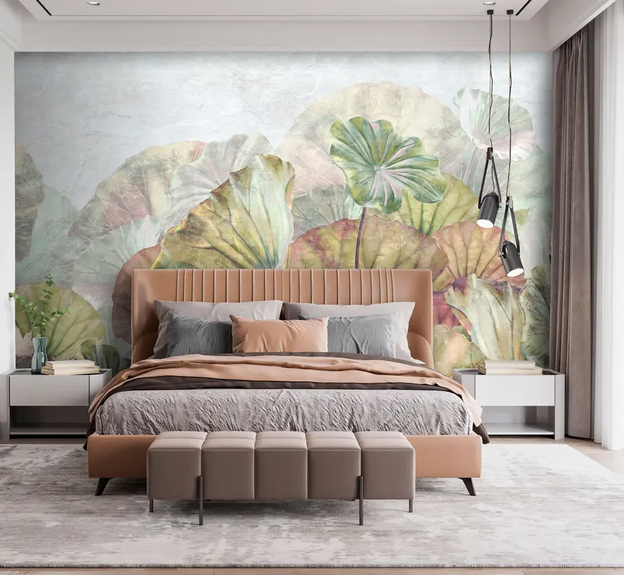 Fototapete Grüne Seerosen und rosa Lilien mit Grunge-Textur u94272