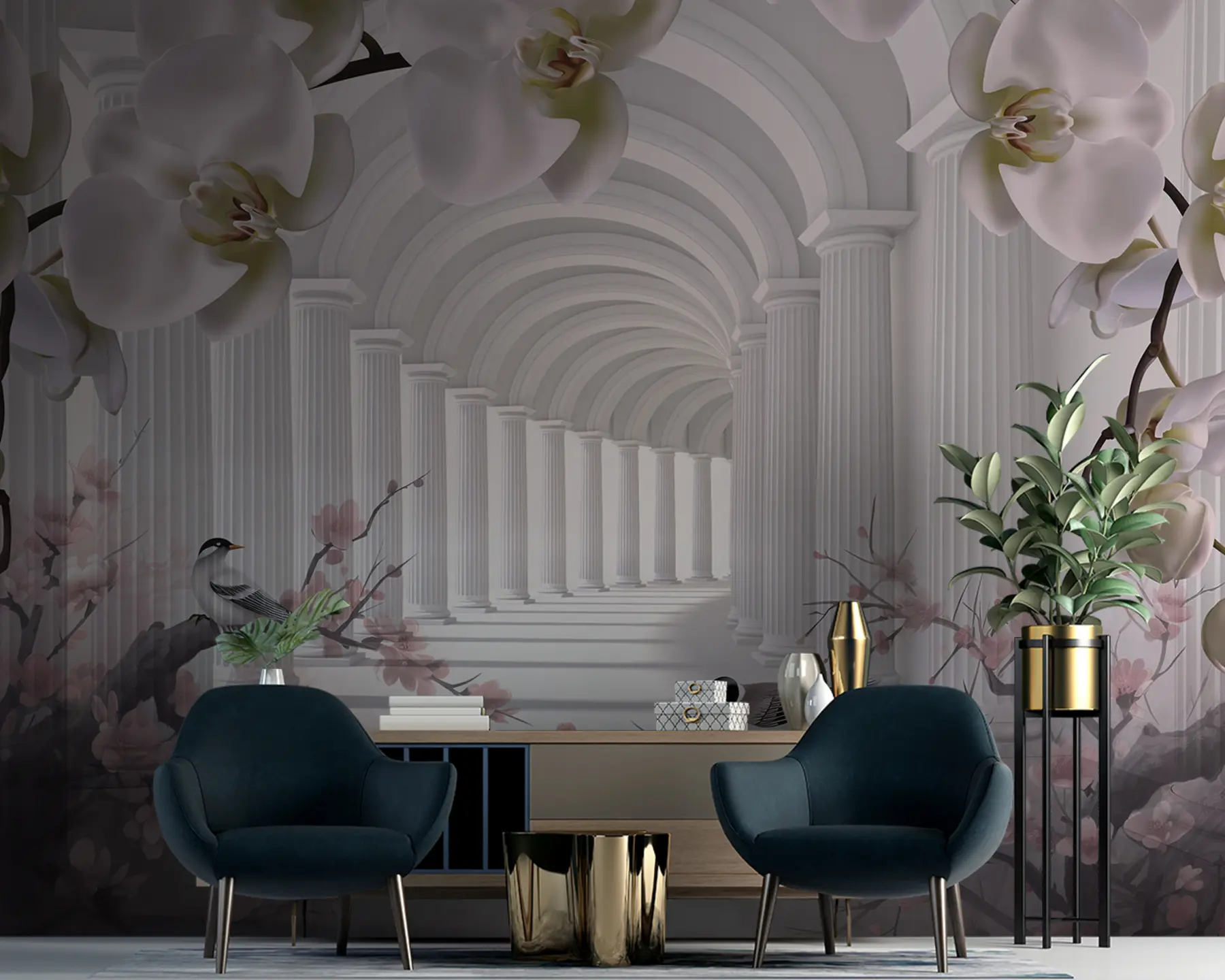 Fototapete Wunderschöner Tunnel mit Vögeln und Orchideen u94513