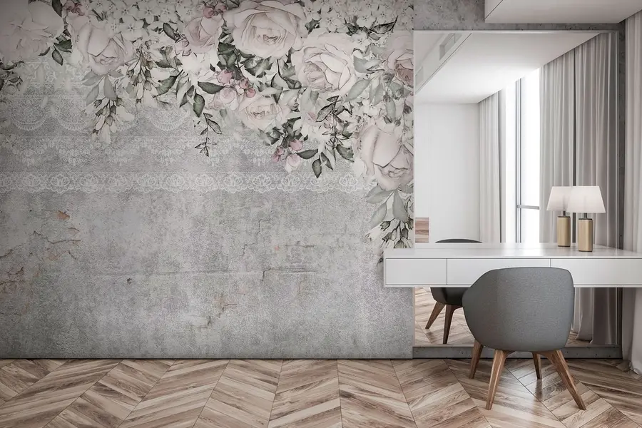 Fototapete Weiße Vintage-Blumen und Betonhintergrund u94652