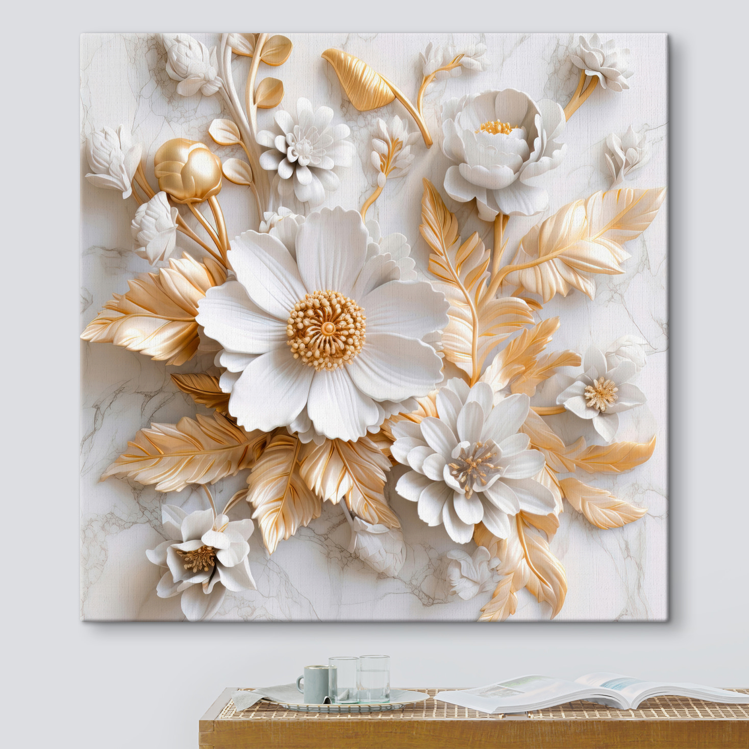Gemälde 3D-Blumen auf weißem Marmor s32778