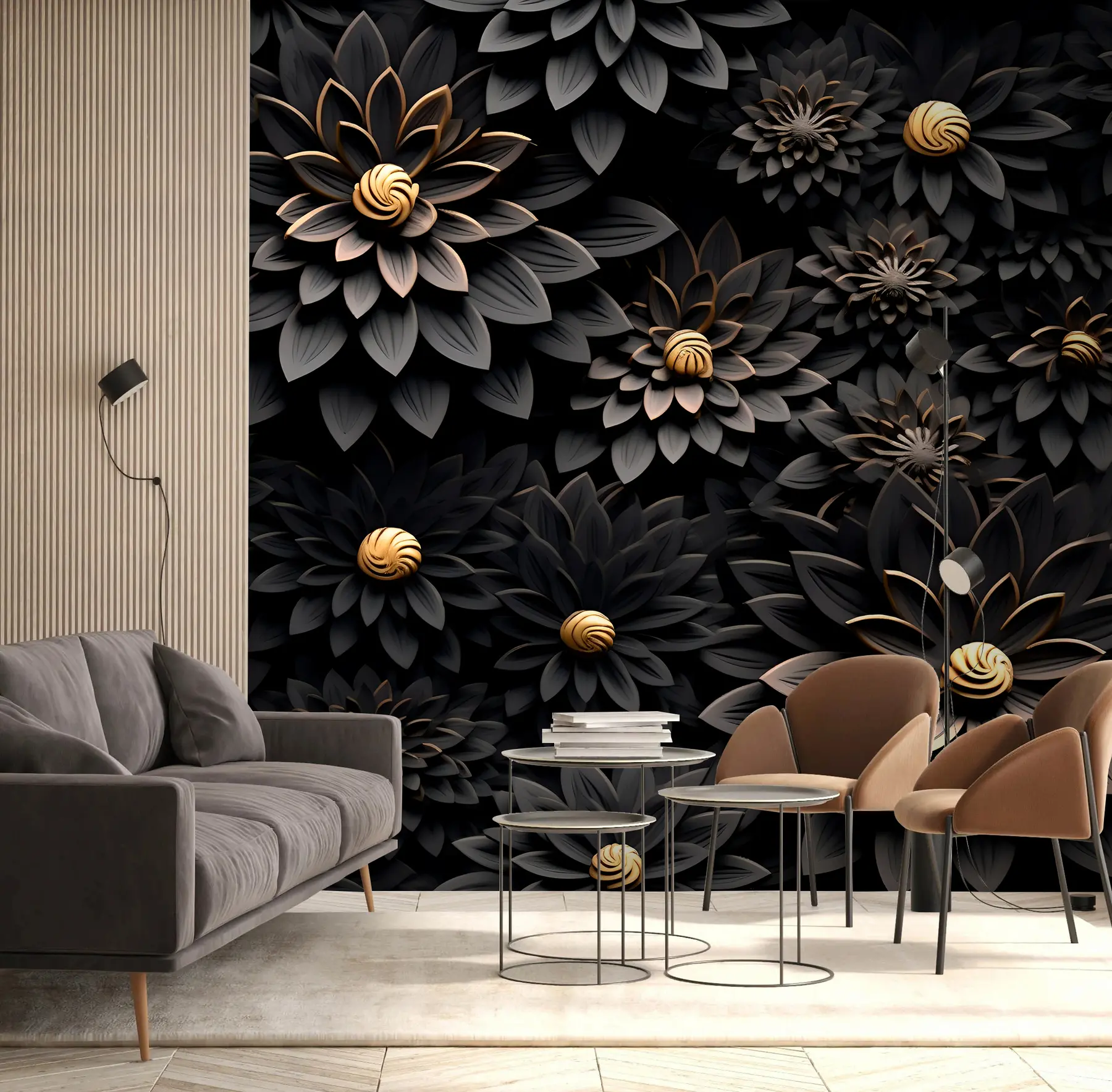 Fototapete Schwarze Blumen mit 3D-Effekt u95249