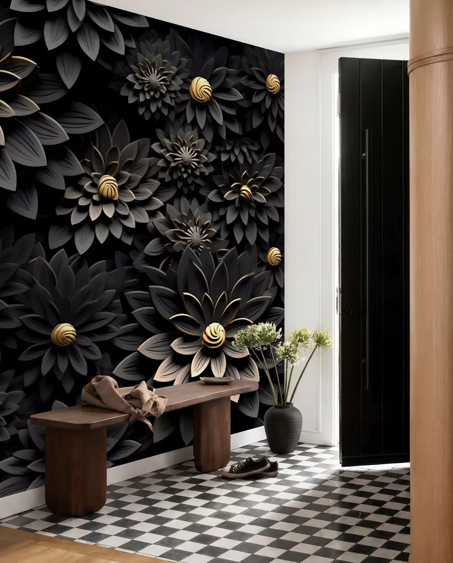 Fototapete Schwarze Blumen mit 3D-Effekt u95249