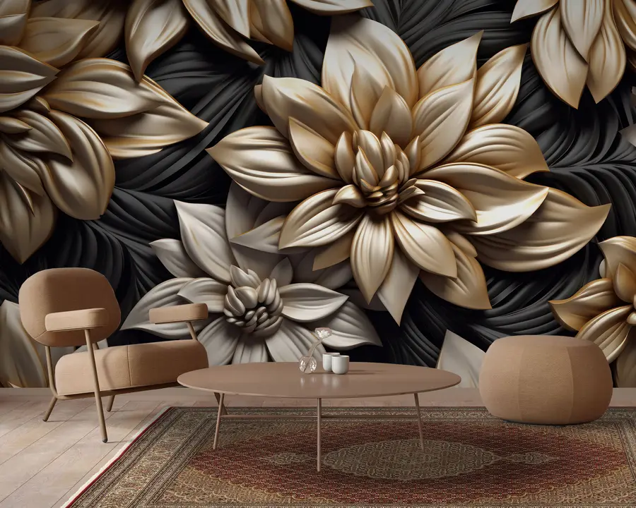 Fototapete Schwarze Blumen mit 3D-Effekt u95252