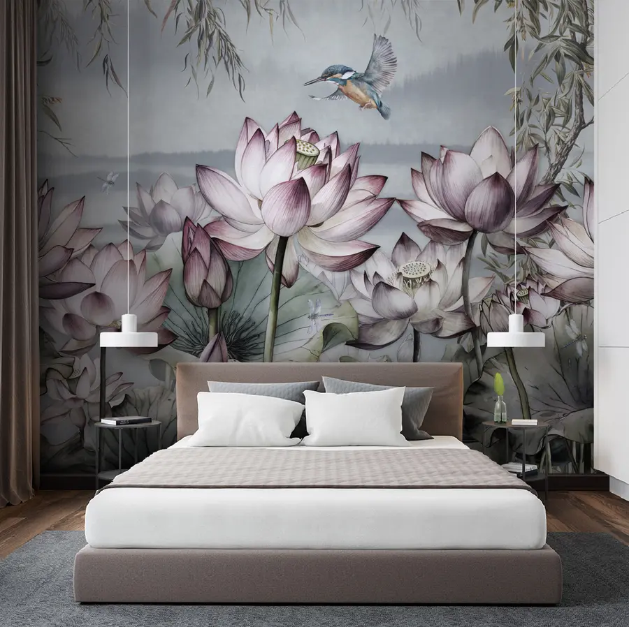 Fototapete Landschaftslotusblume mit Eisvogel u95397