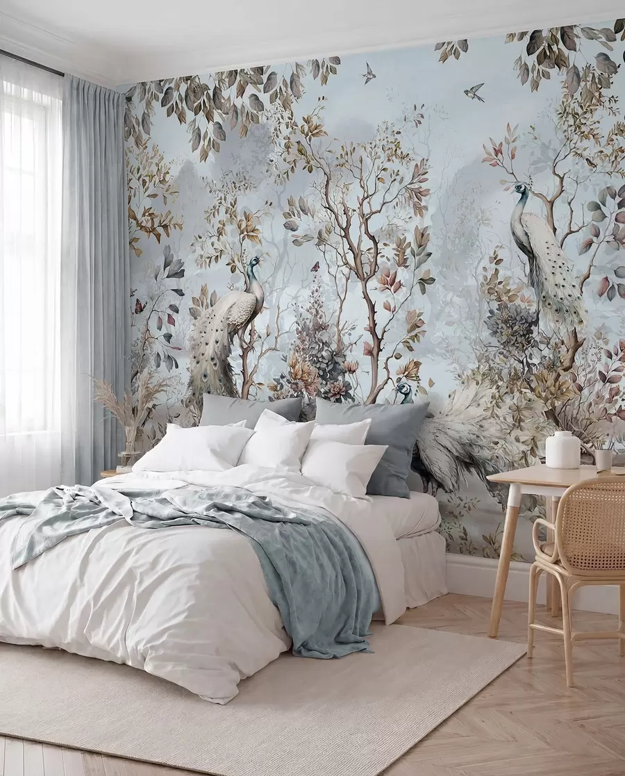 Fototapete Chinoiserie-Pflanzen und Pfauen im chinesischen Stil u94849