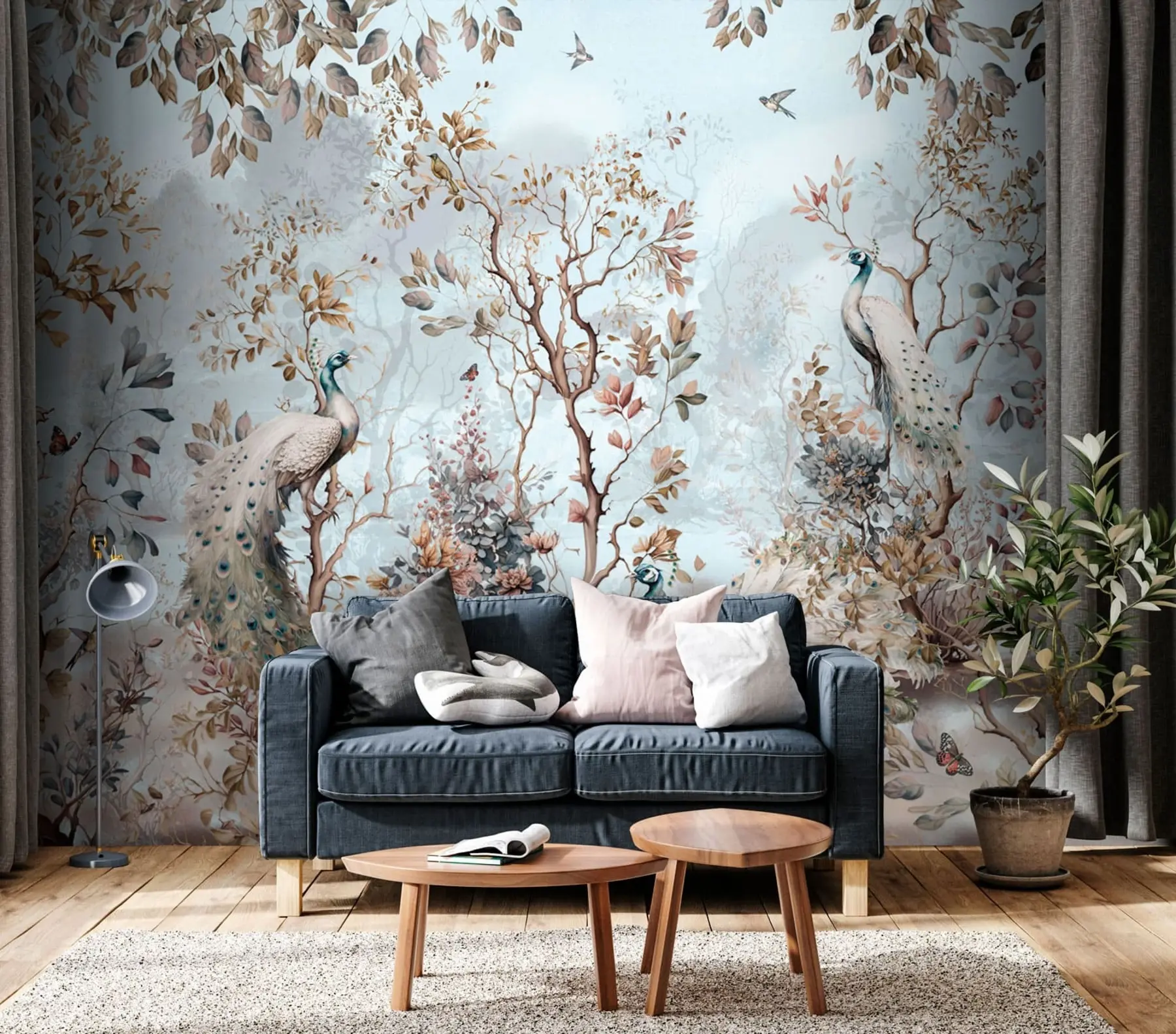 Fototapete Chinoiserie-Pflanzen und Pfauen im chinesischen Stil u94849