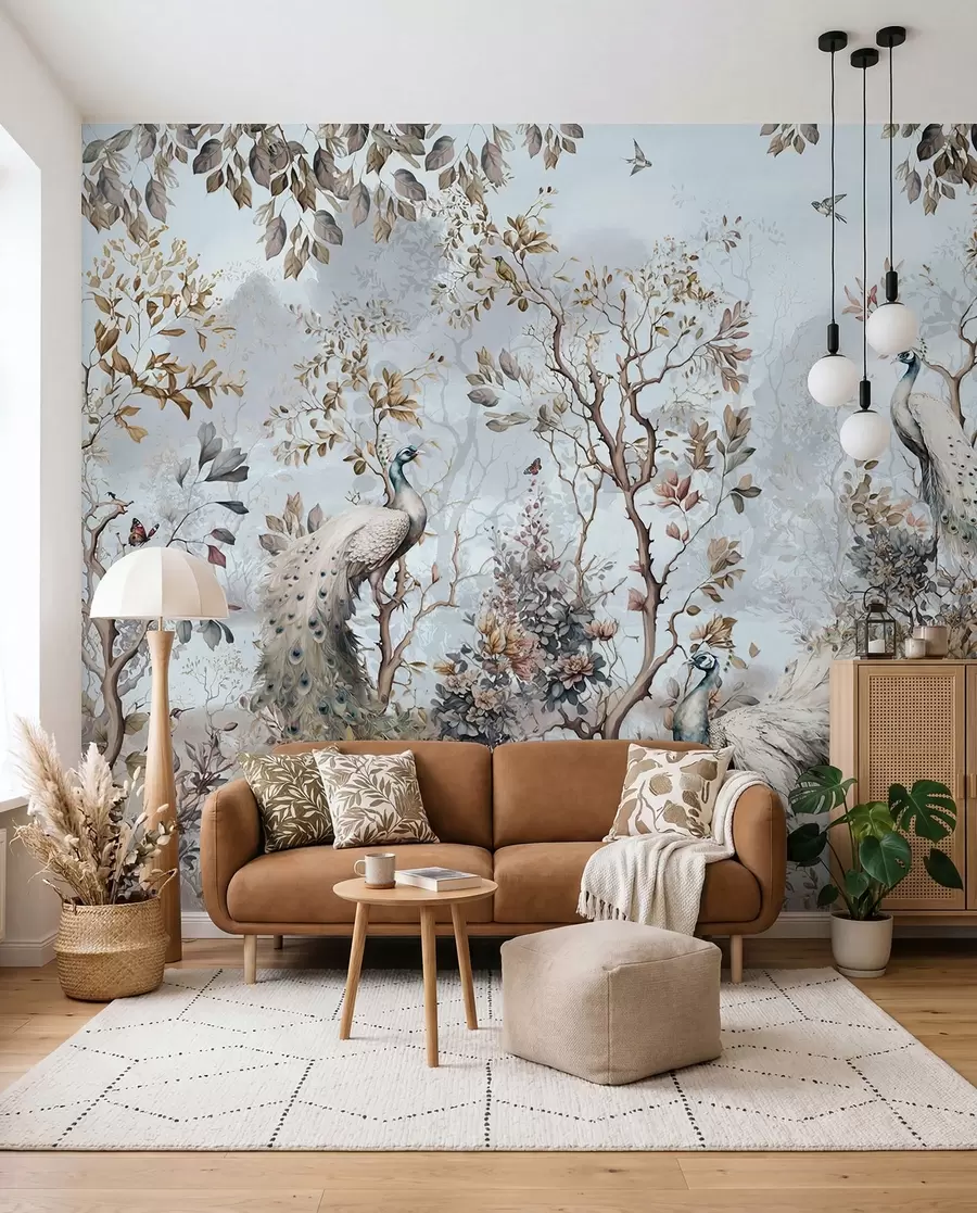 Fototapete Chinoiserie-Pflanzen und Pfauen im chinesischen Stil u94849