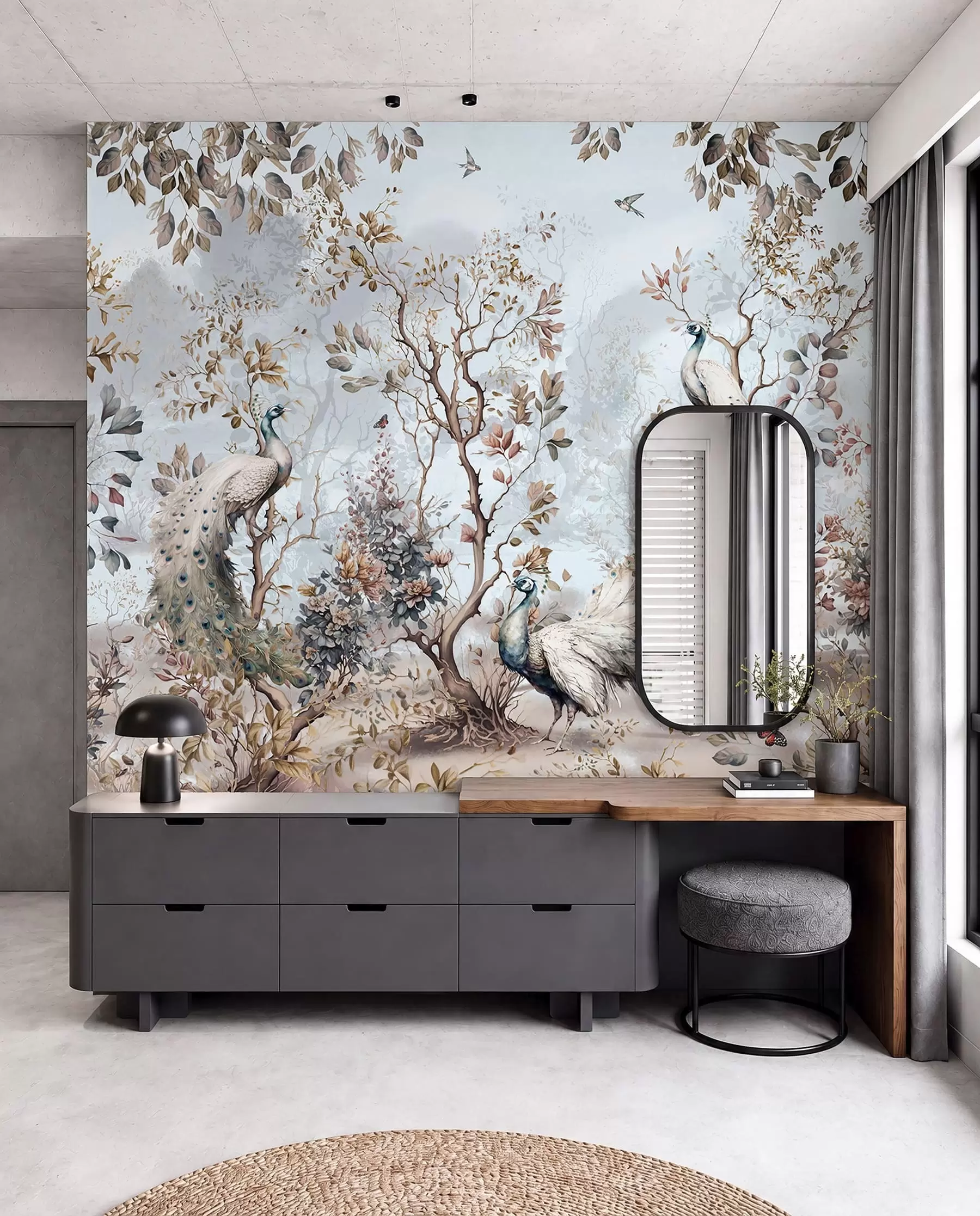 Fototapete Chinoiserie-Pflanzen und Pfauen im chinesischen Stil u94849