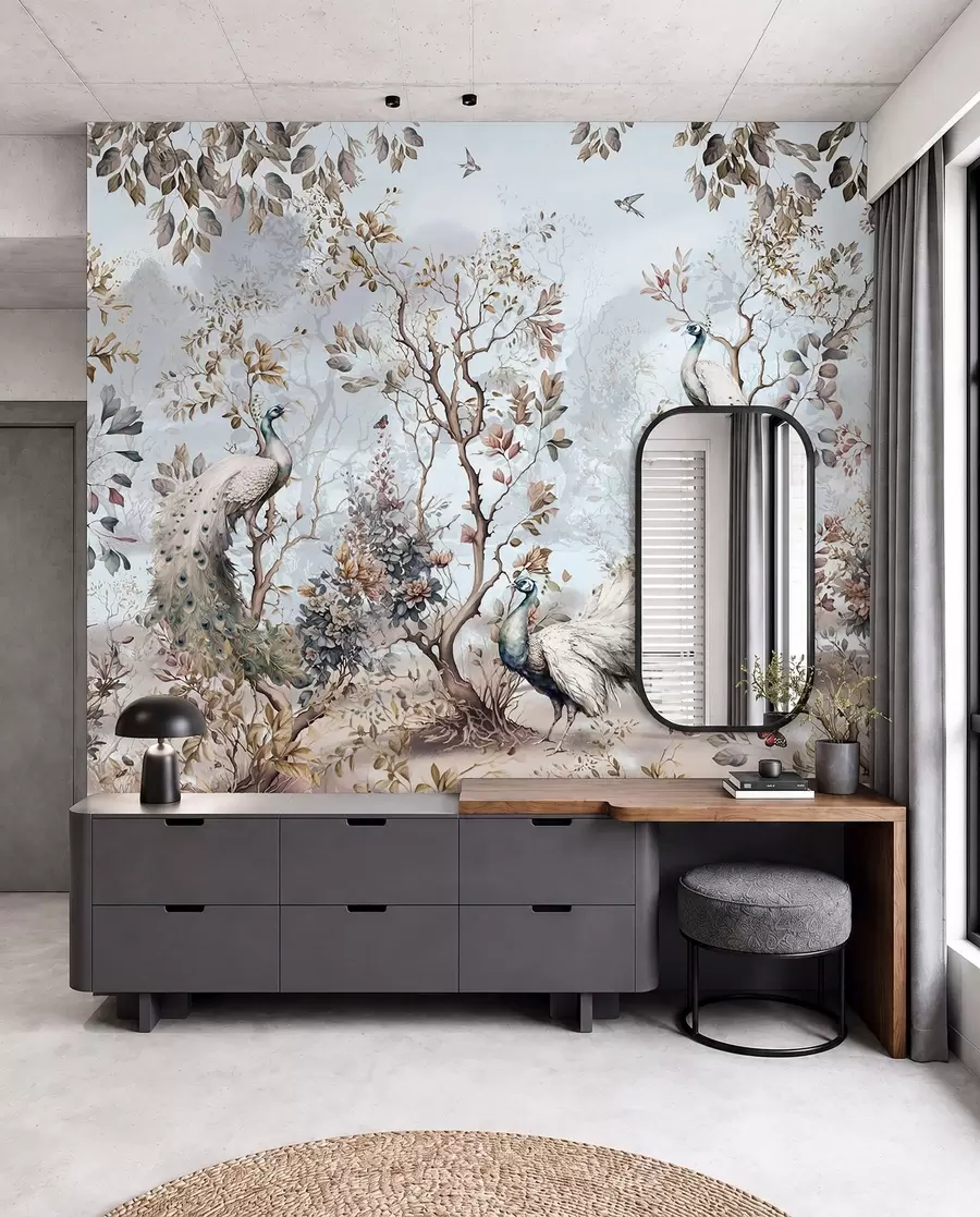 Fototapete Chinoiserie-Pflanzen und Pfauen im chinesischen Stil u94849