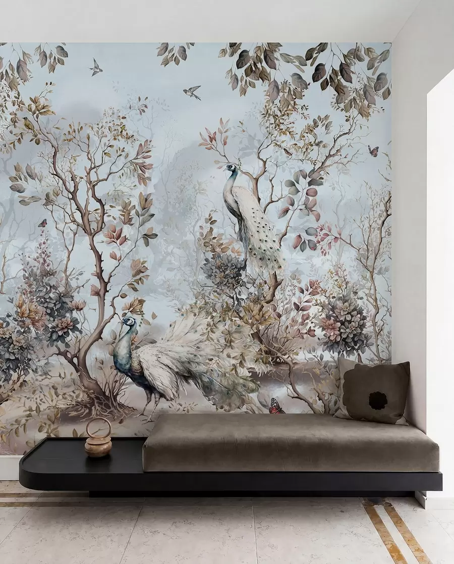 Fototapete Chinoiserie-Pflanzen und Pfauen im chinesischen Stil u94849