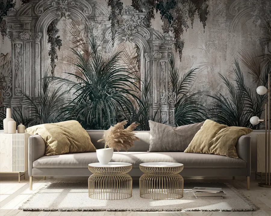 Fototapete Antike Architektur mit tropischen Blättern u95500