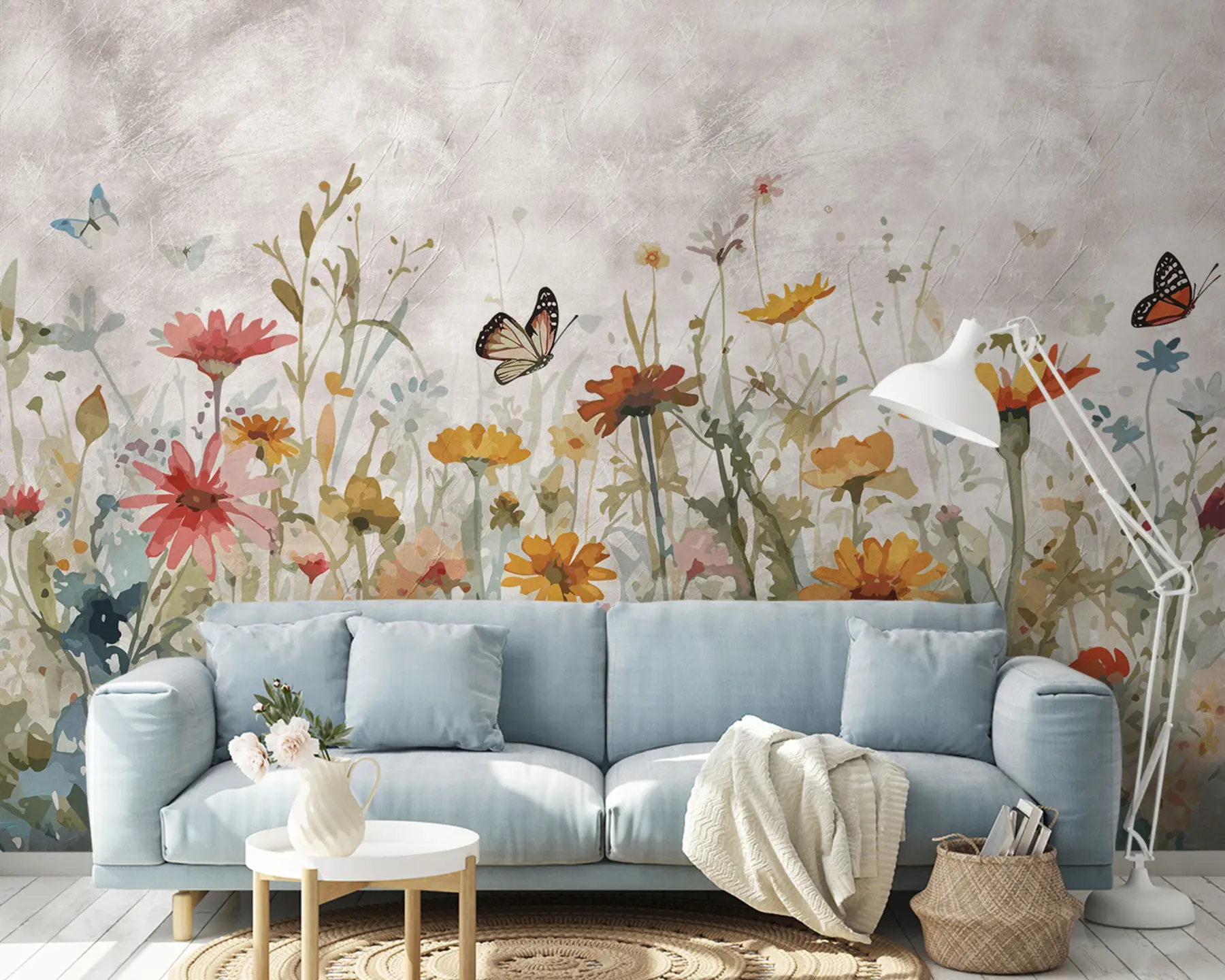 Fototapete Aquarell-Wildblumen und Schmetterlinge u95406