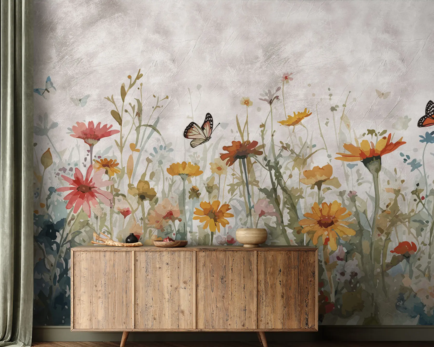 Fototapete Aquarell-Wildblumen und Schmetterlinge u95406