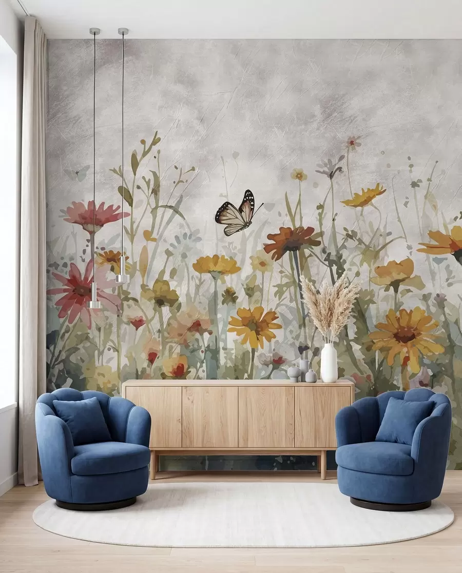 Fototapete Aquarell-Wildblumen und Schmetterlinge u95406