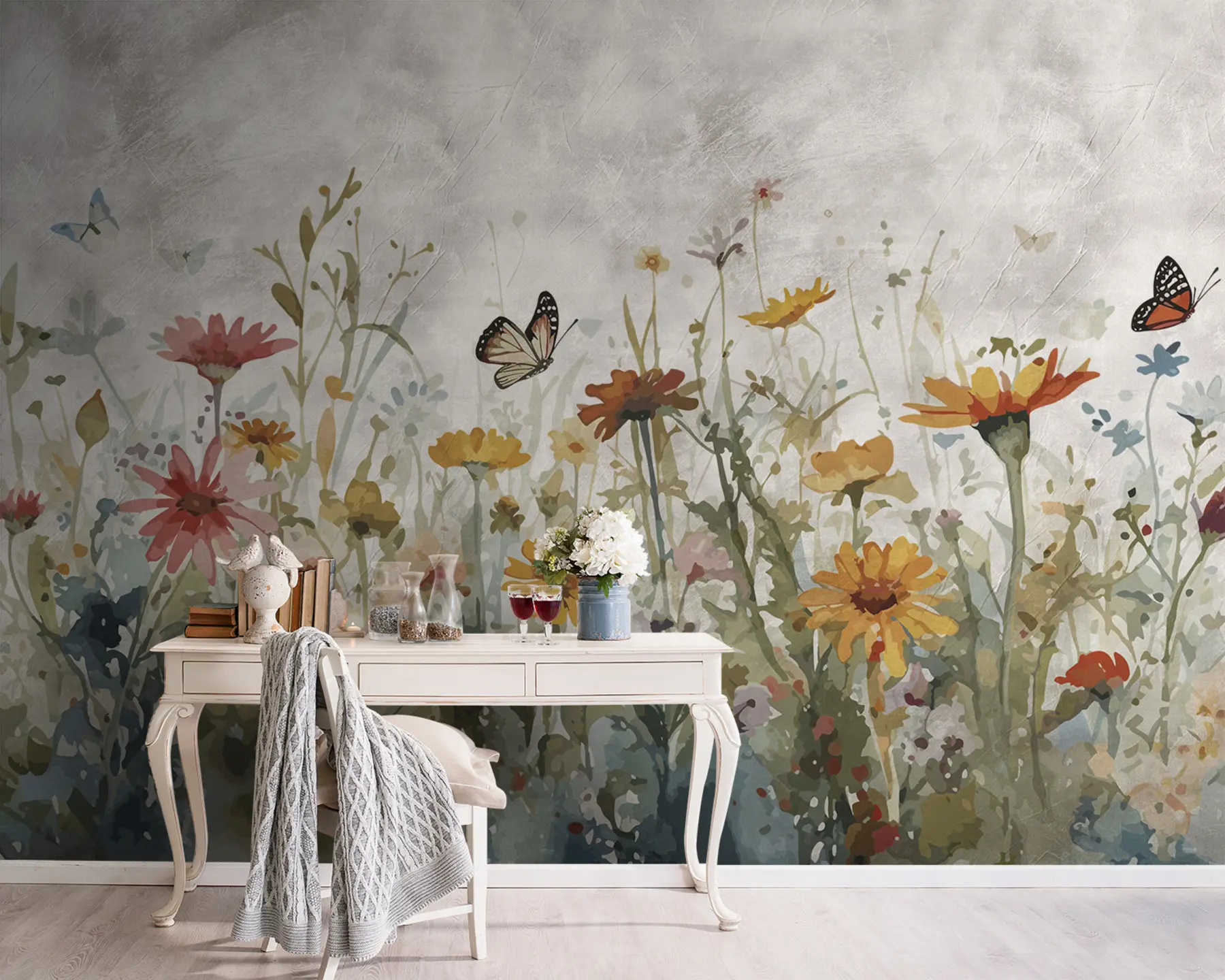 Fototapete Aquarell-Wildblumen und Schmetterlinge u95406