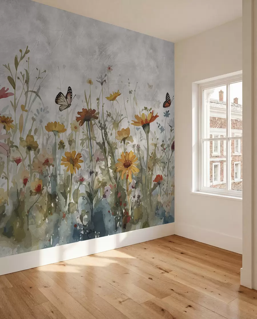 Fototapete Aquarell-Wildblumen und Schmetterlinge u95406