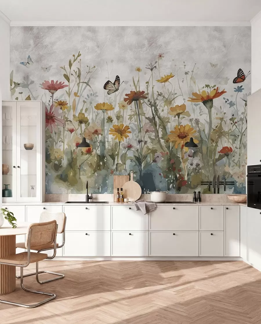 Fototapete Aquarell-Wildblumen und Schmetterlinge u95406