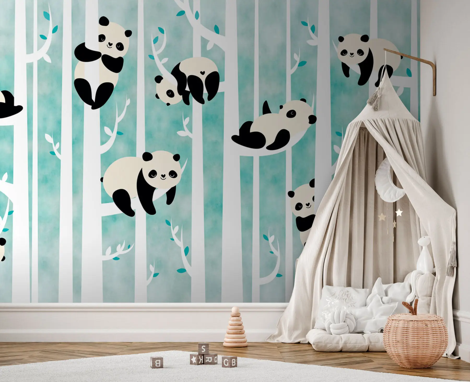 Fototapete Fröhliche chinesische Märchenpandas auf Bäumen für das Kinderzimmer u95025