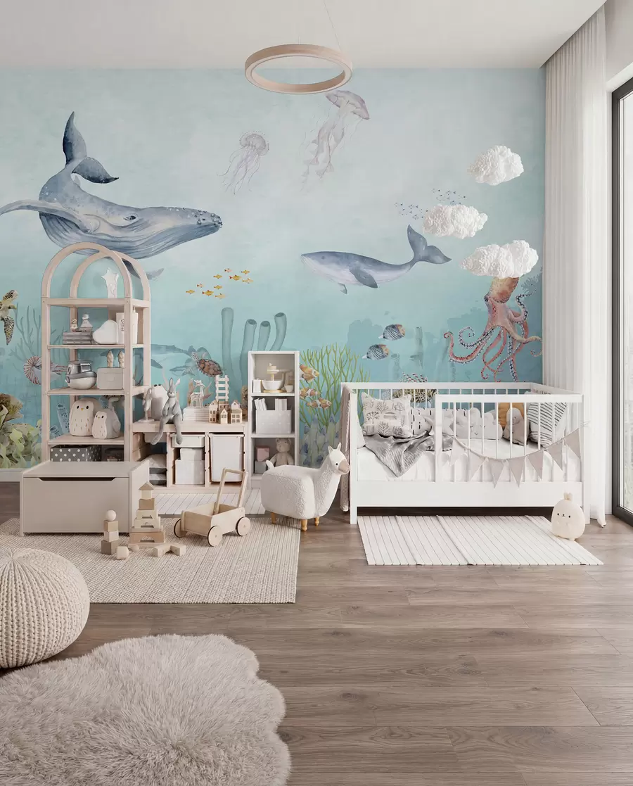 Fototapete Meeresuniversum, große Wale, Fische und Schildkröten u95446