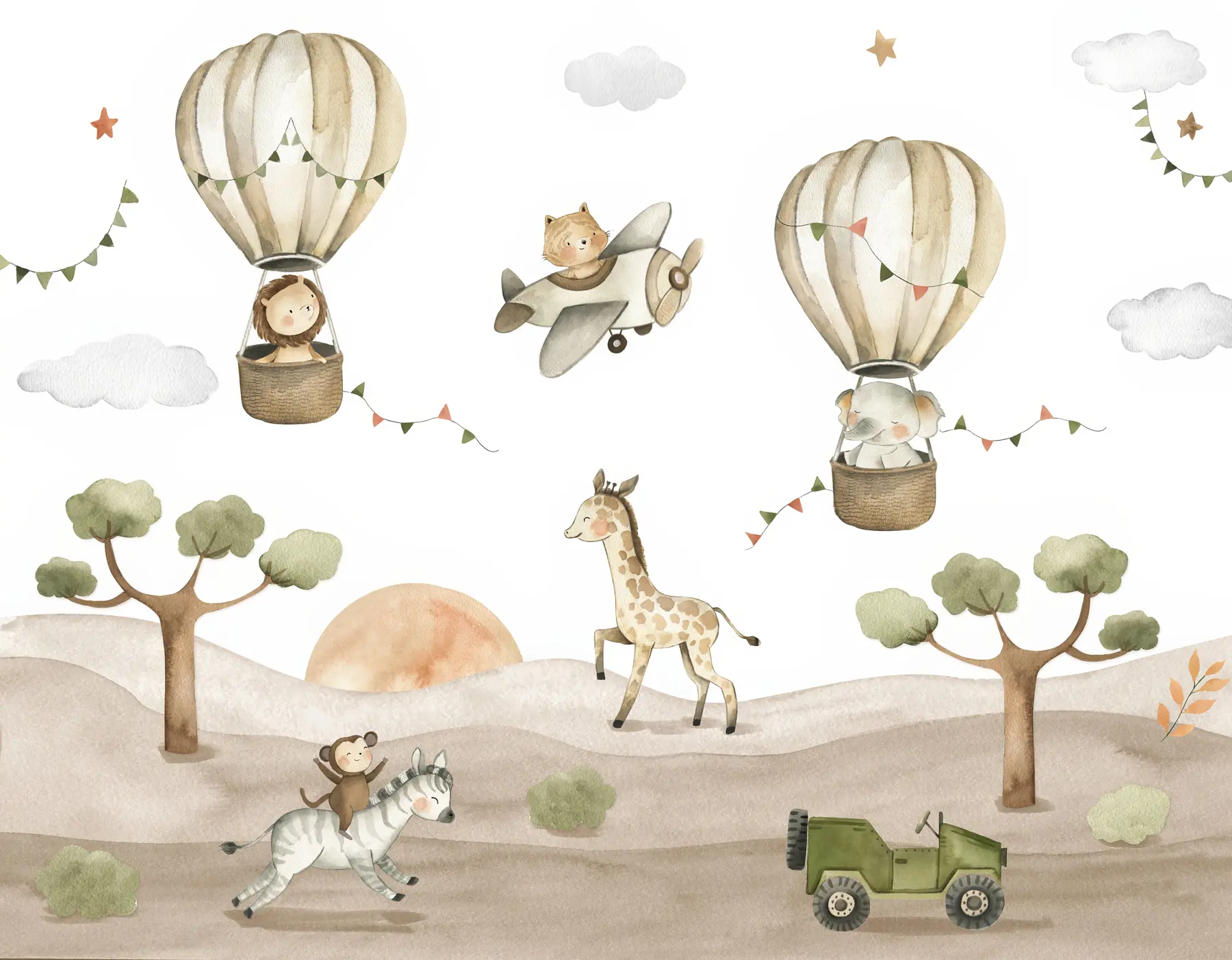 Fototapete Aquarellzeichnung mit Tieren, Luftballons, Flugzeug und Auto u95882