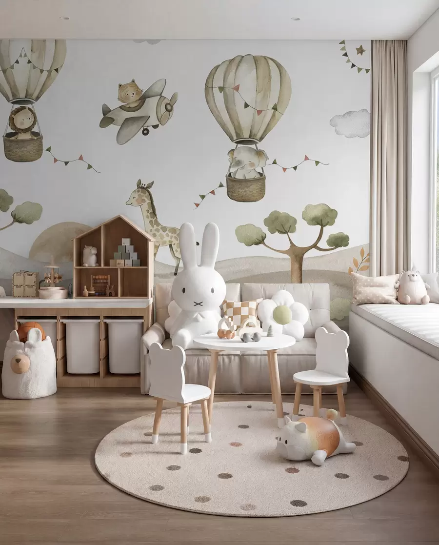 Fototapete Aquarellzeichnung mit Tieren, Luftballons, Flugzeug und Auto u95882