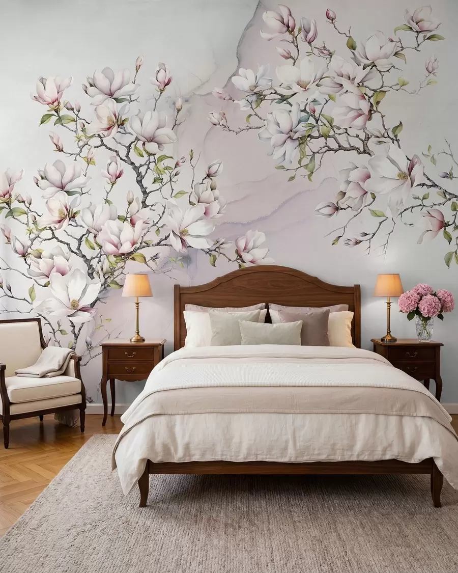 Fototapete Blühende Magnolienbäume auf Marmorhintergrund u96114