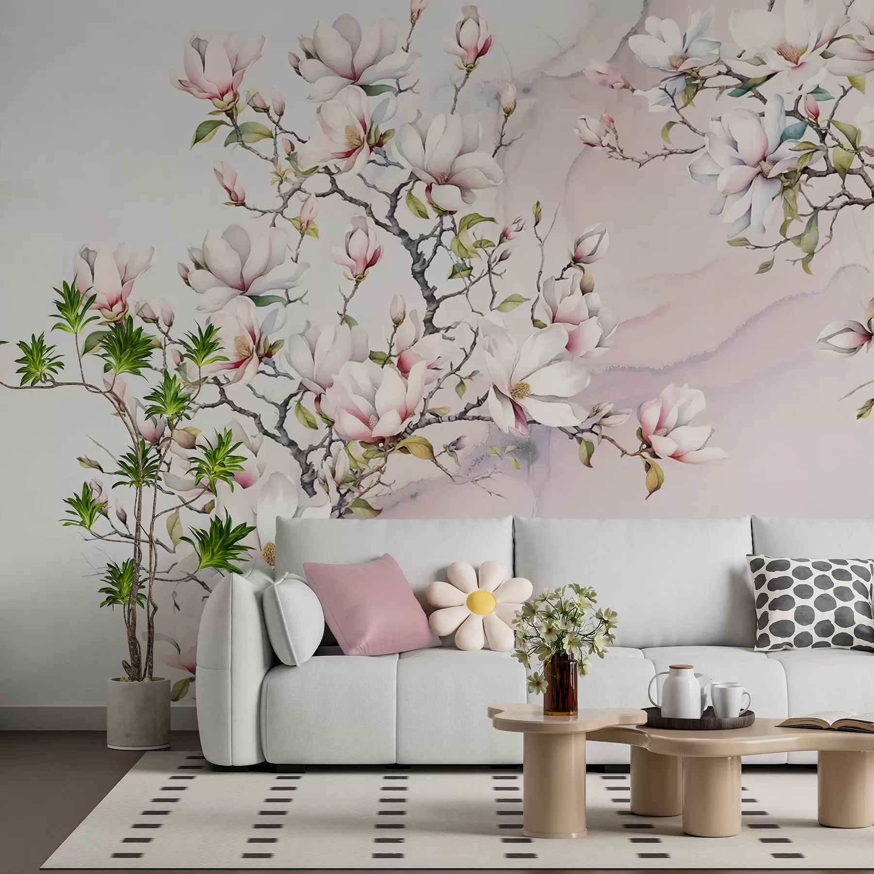 Fototapete Blühende Magnolienbäume auf Marmorhintergrund u96114