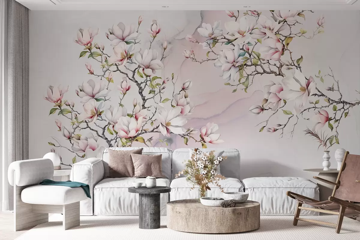 Fototapete Blühende Magnolienbäume auf Marmorhintergrund u96114
