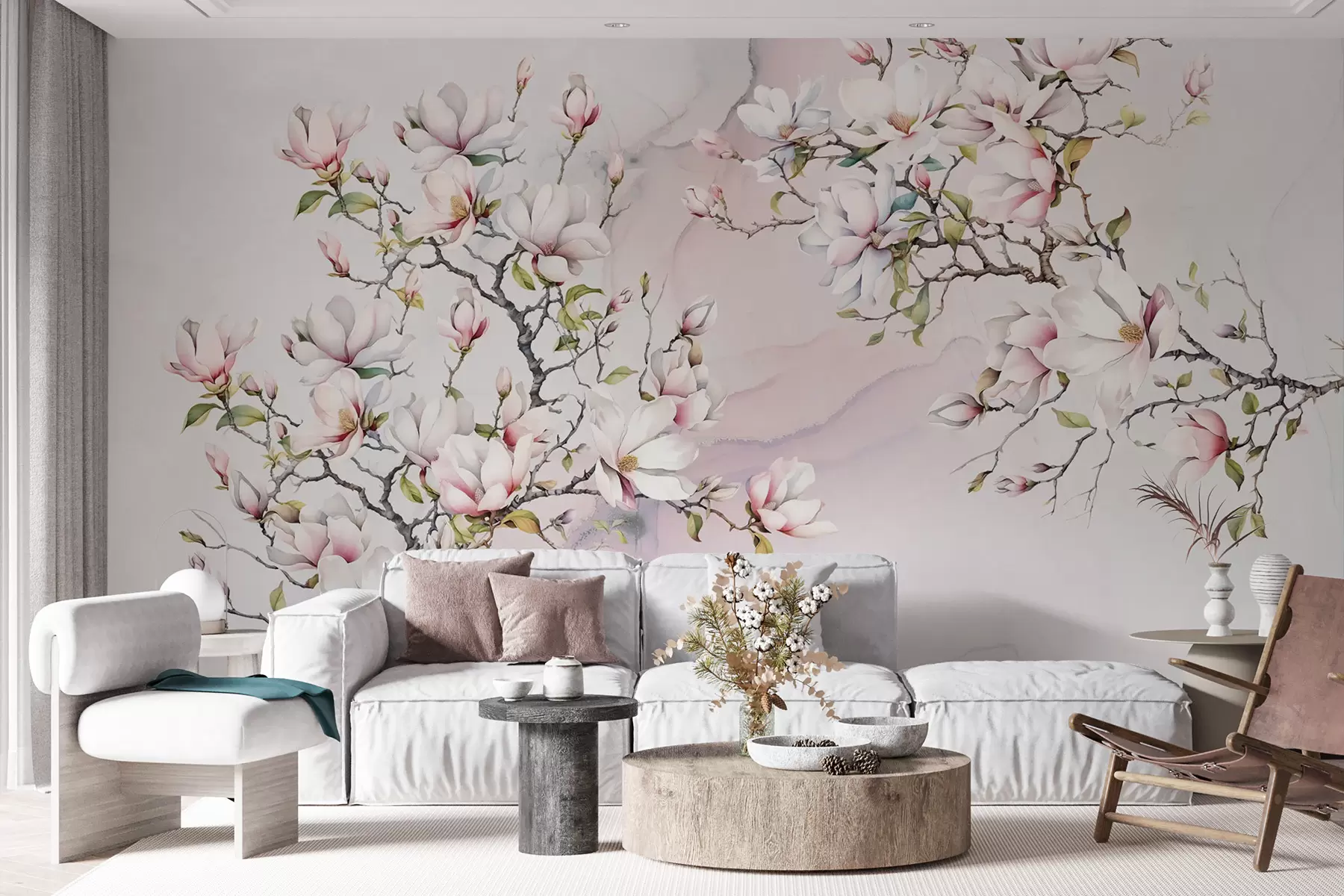 Fototapete Blühende Magnolienbäume auf Marmorhintergrund u96114