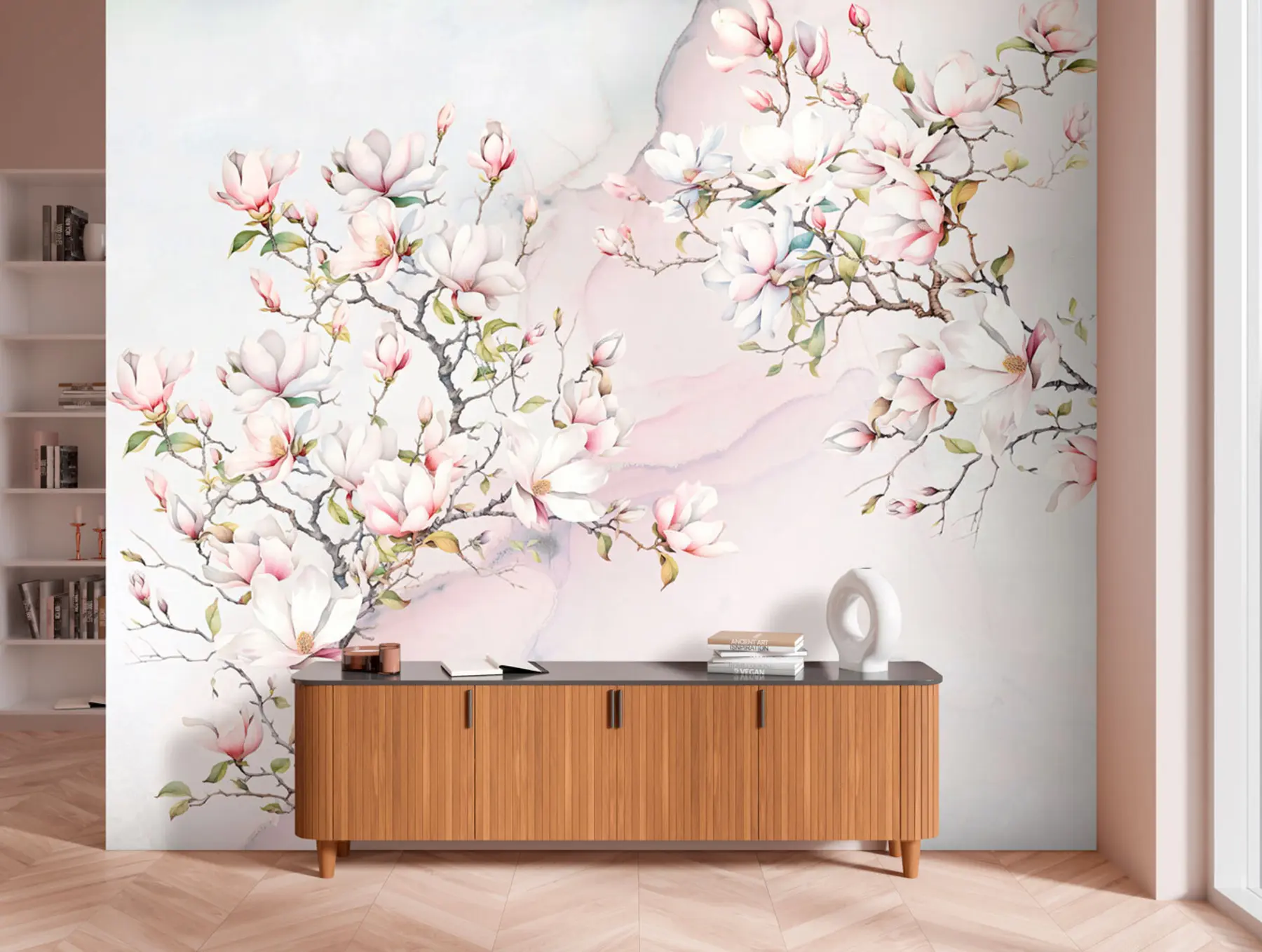 Fototapete Blühende Magnolienbäume auf Marmorhintergrund u96114