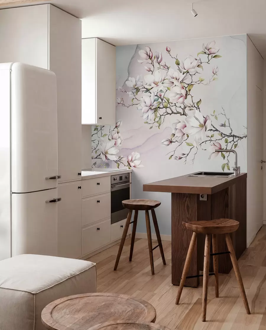 Fototapete Blühende Magnolienbäume auf Marmorhintergrund u96114