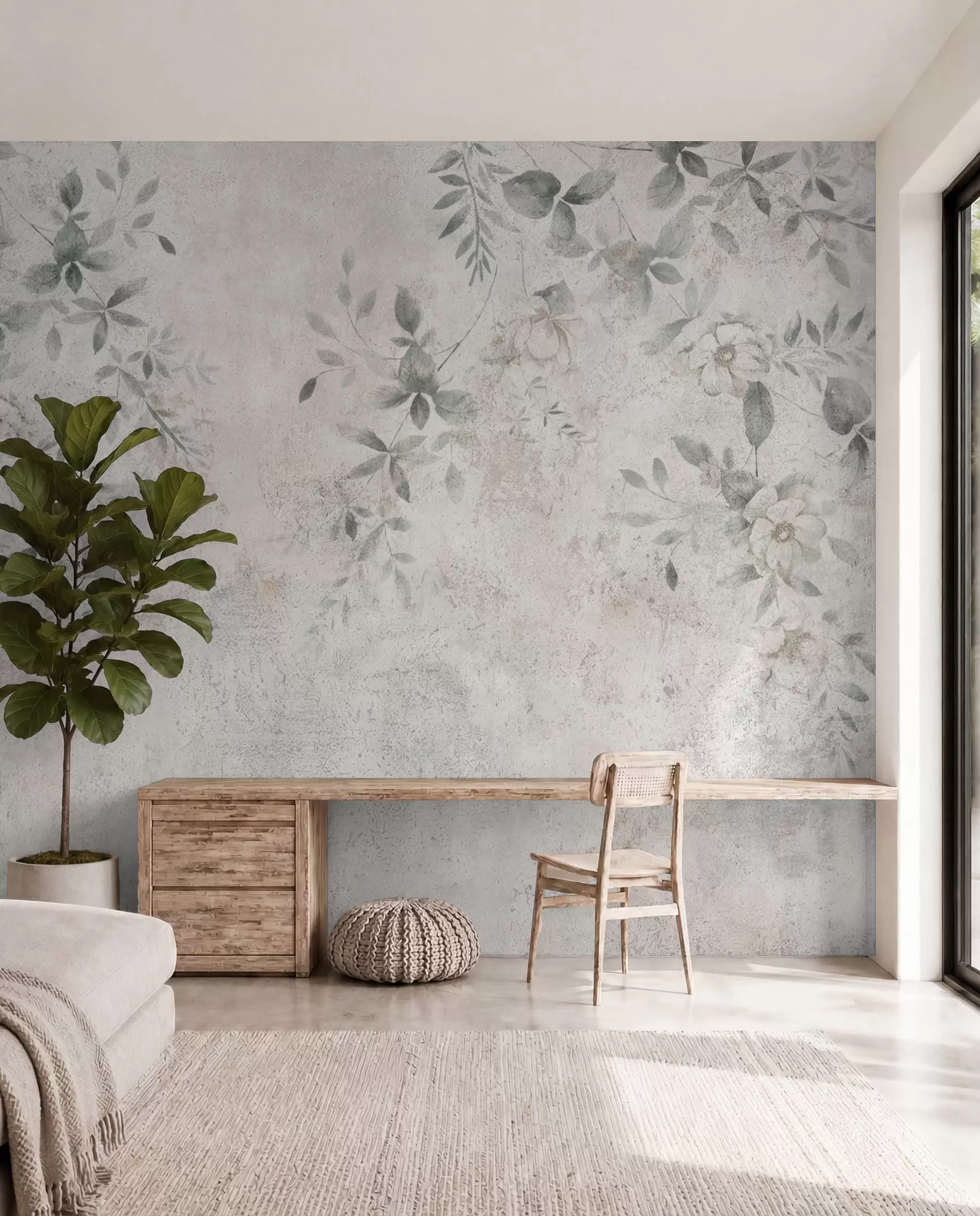 Fototapete Blumen mit Zweigen auf Beton-Grunge-Hintergrund-Minimalismus u96140