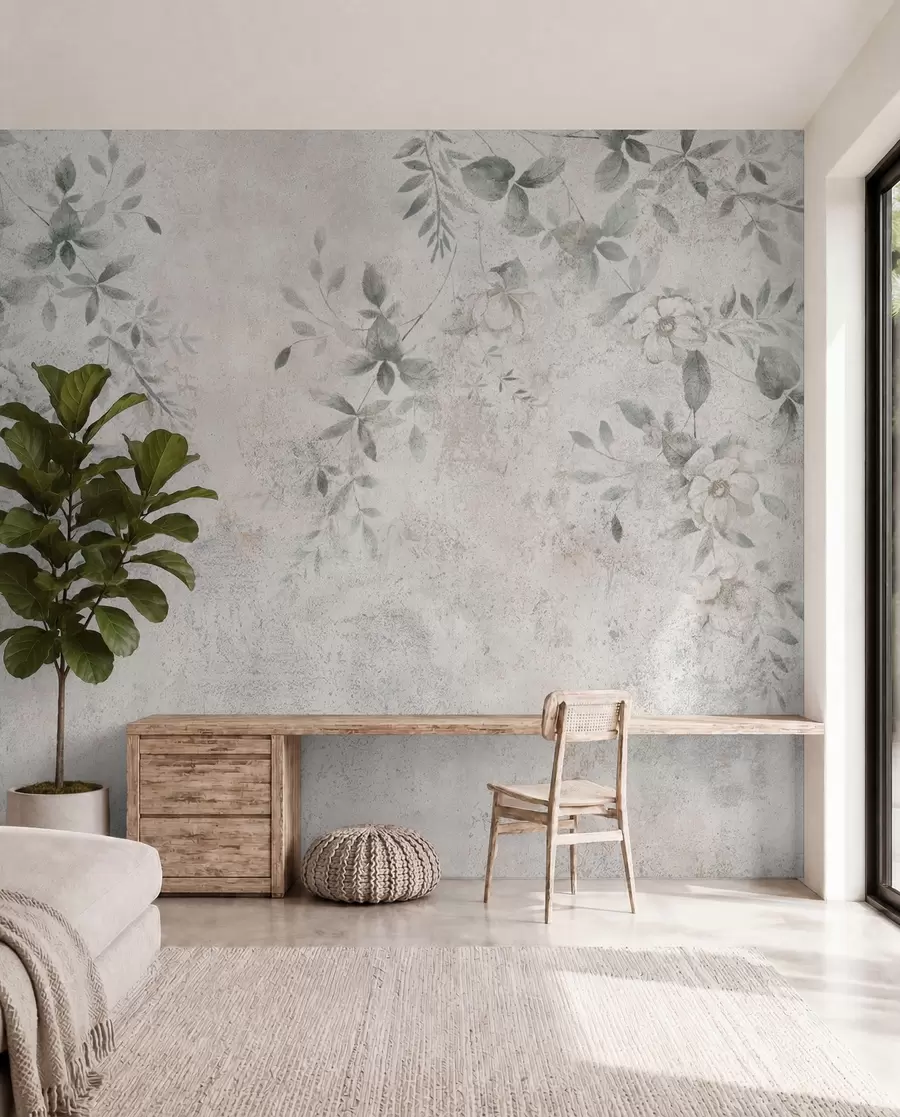 Fototapete Blumen mit Zweigen auf Beton-Grunge-Hintergrund-Minimalismus u96140