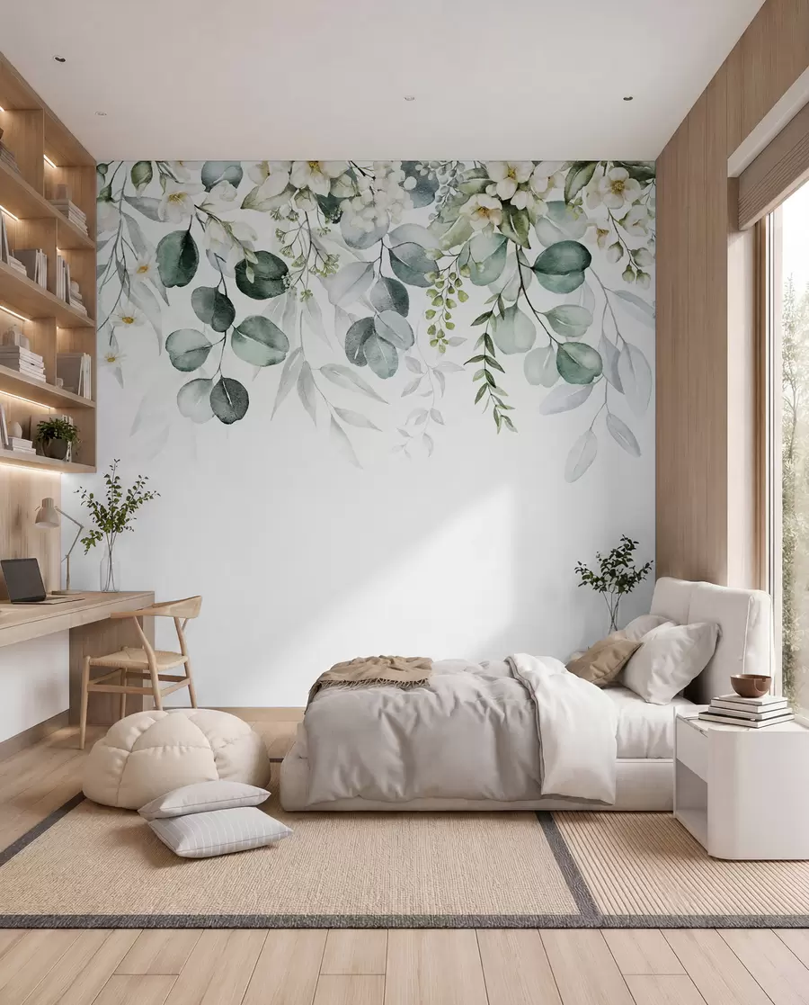 Fototapete Illustration mit grünen Blättern, weißen Blüten, Pfingstrose und Zweigen u96063