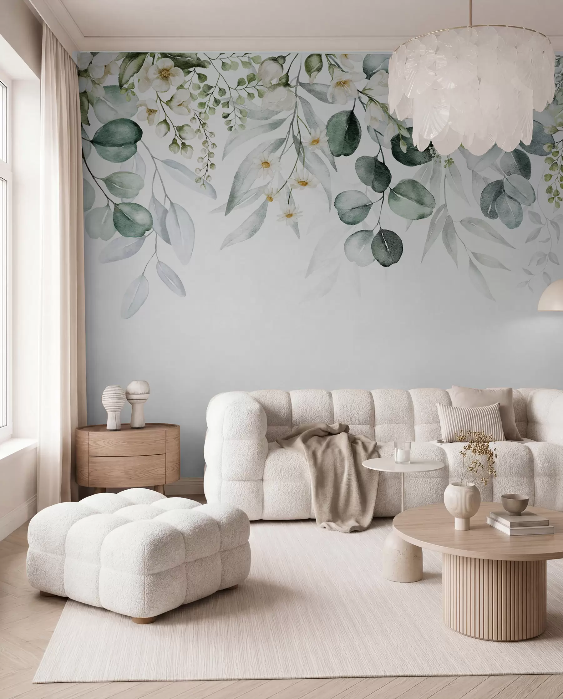 Fototapete Illustration mit grünen Blättern, weißen Blüten, Pfingstrose und Zweigen u96063