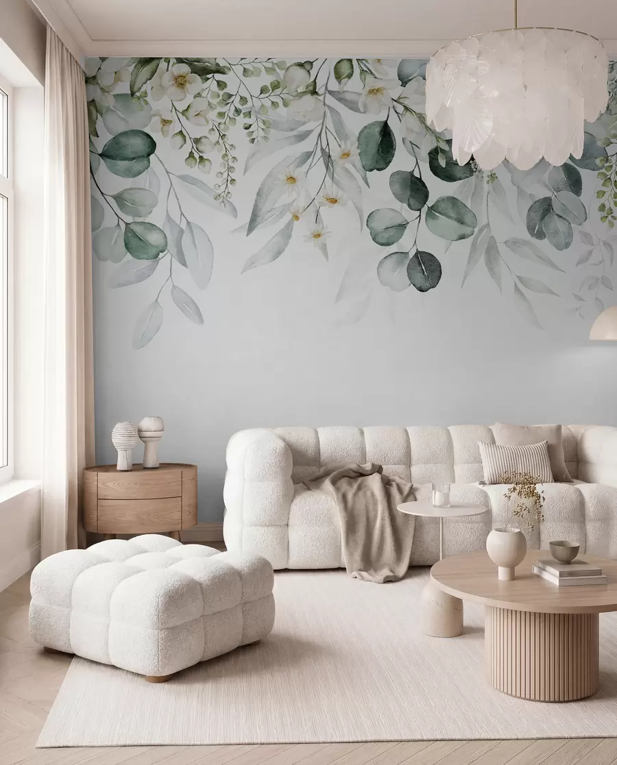 Fototapete Illustration mit grünen Blättern, weißen Blüten, Pfingstrose und Zweigen u96063