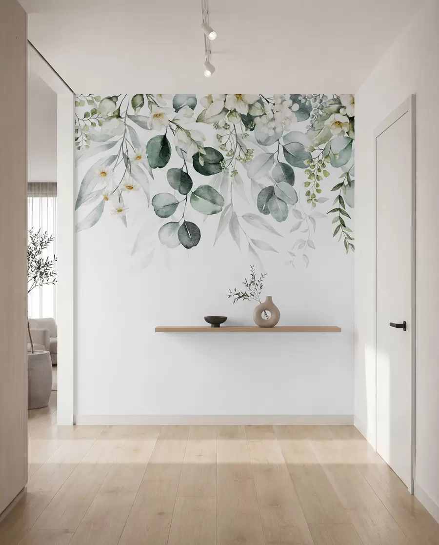 Fototapete Illustration mit grünen Blättern, weißen Blüten, Pfingstrose und Zweigen u96063