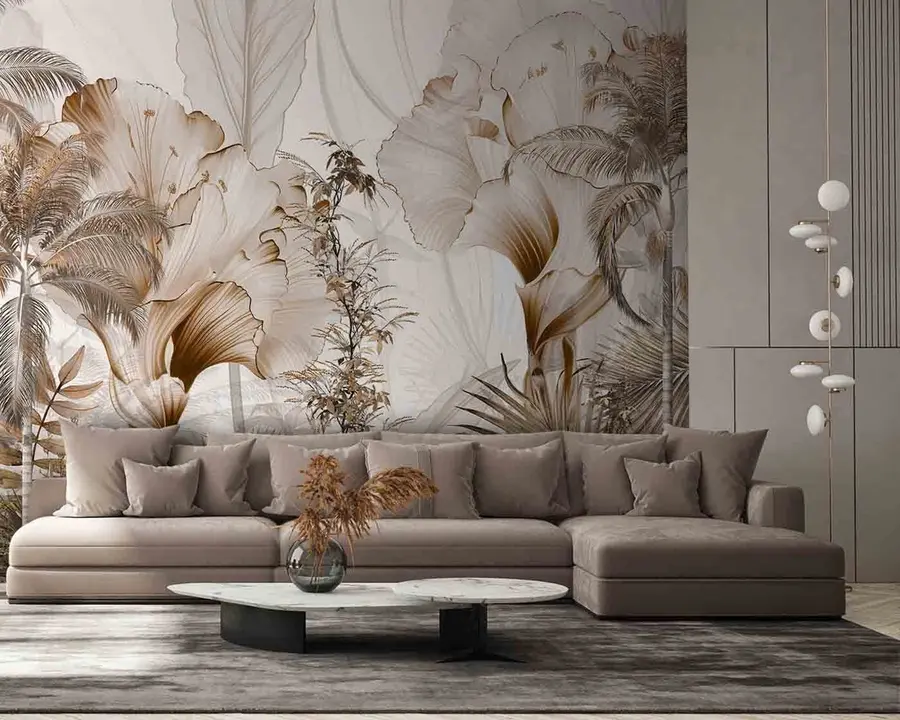 Fototapete Tropische Bäume und Blätter in einem nebligen Wald u96478