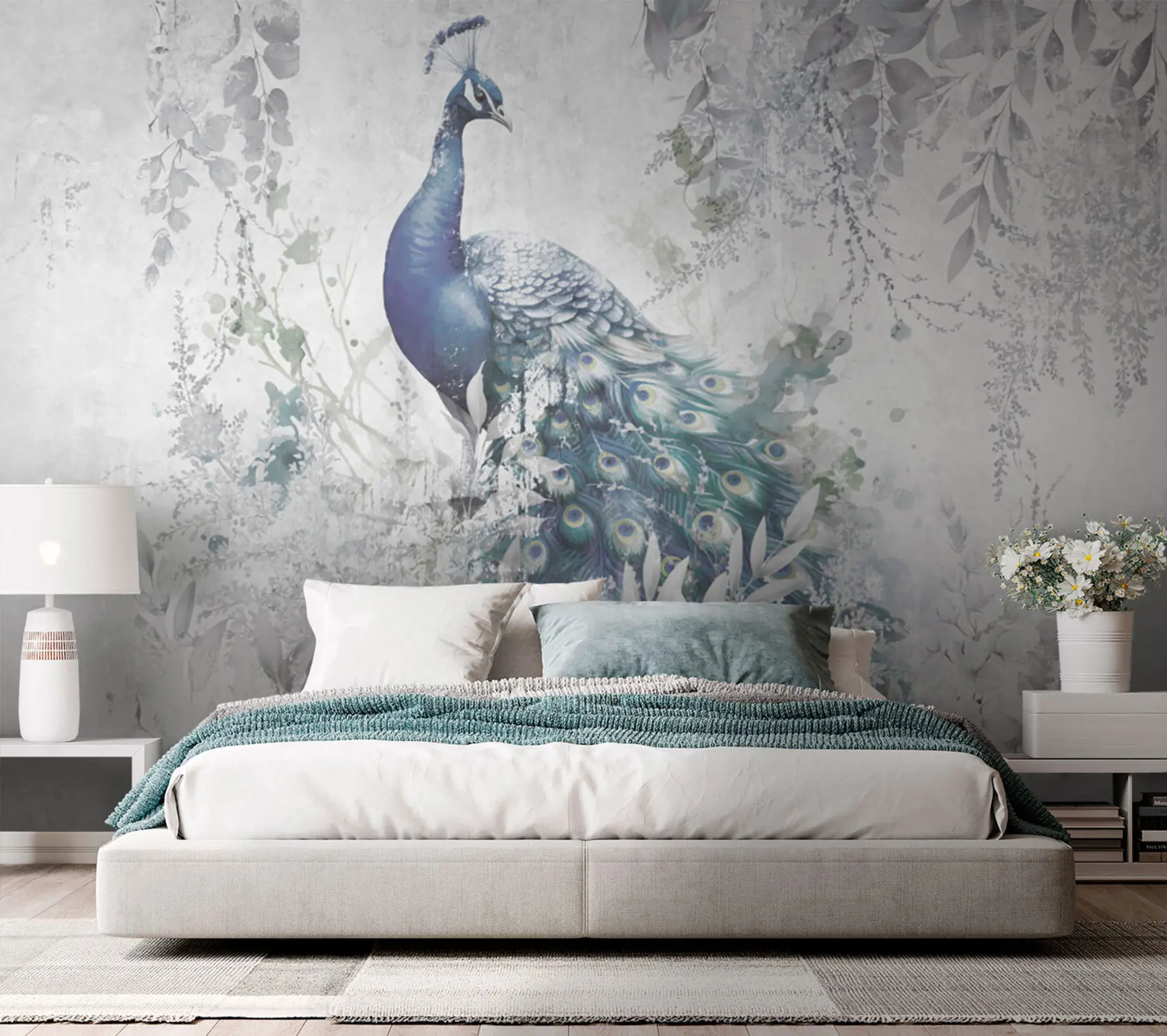 Fototapete Zerbrechlicher Pfau auf Grunge-Betonhintergrund u96727