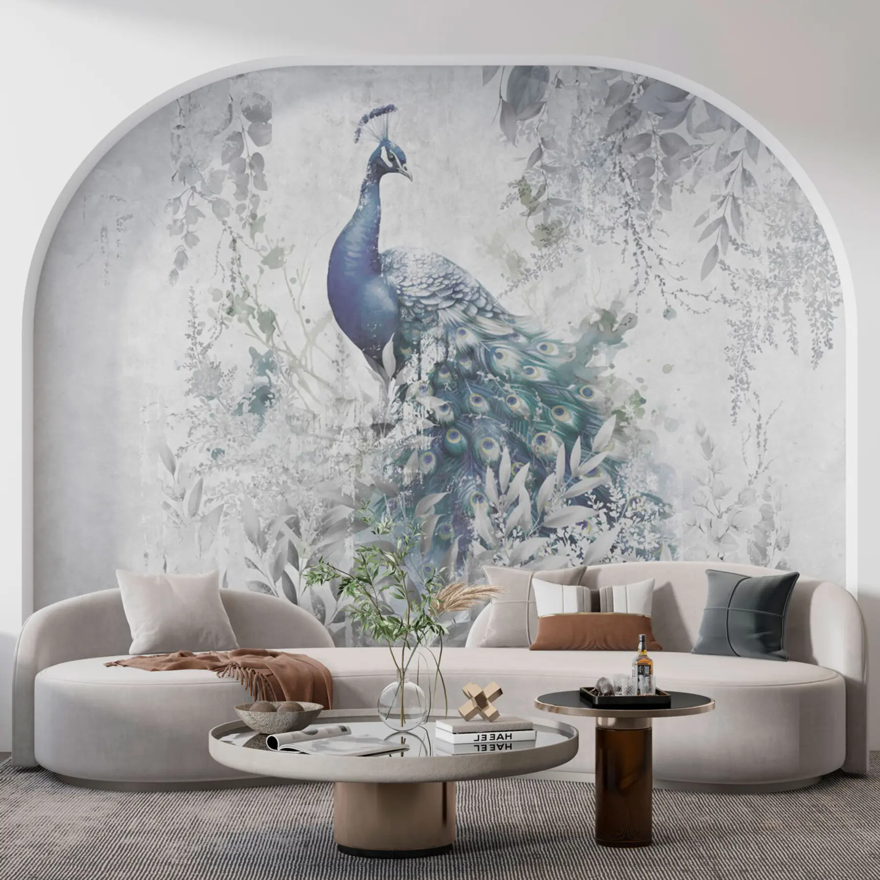Fototapete Zerbrechlicher Pfau auf Grunge-Betonhintergrund u96727