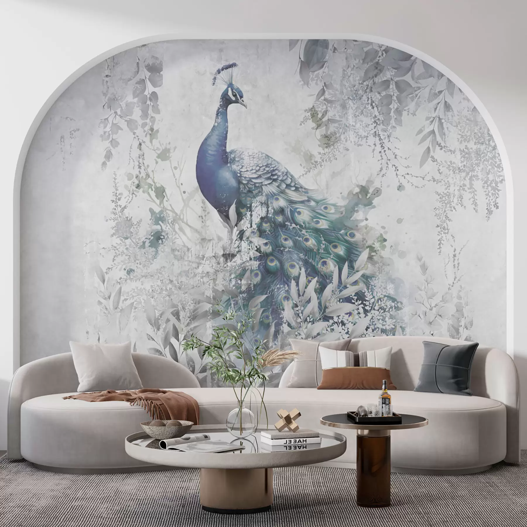 Fototapete Zerbrechlicher Pfau auf Grunge-Betonhintergrund u96727