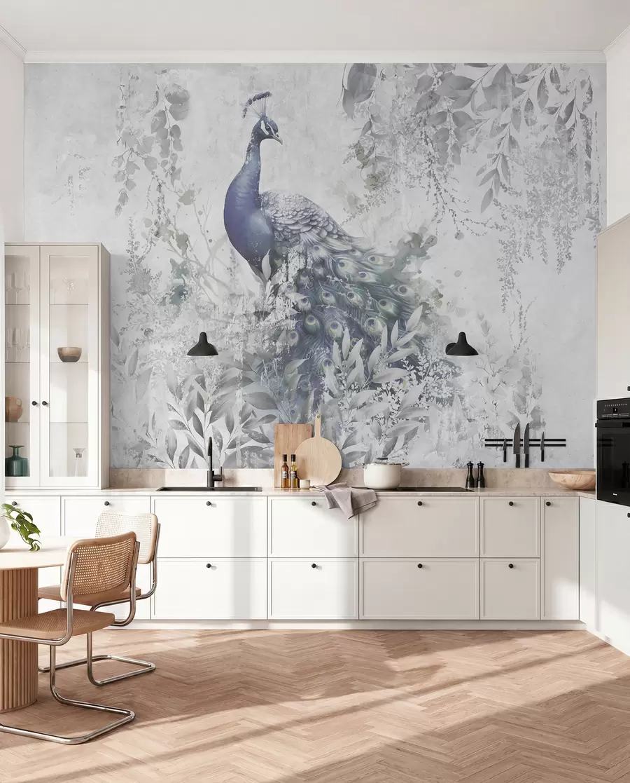 Fototapete Zerbrechlicher Pfau auf Grunge-Betonhintergrund u96727