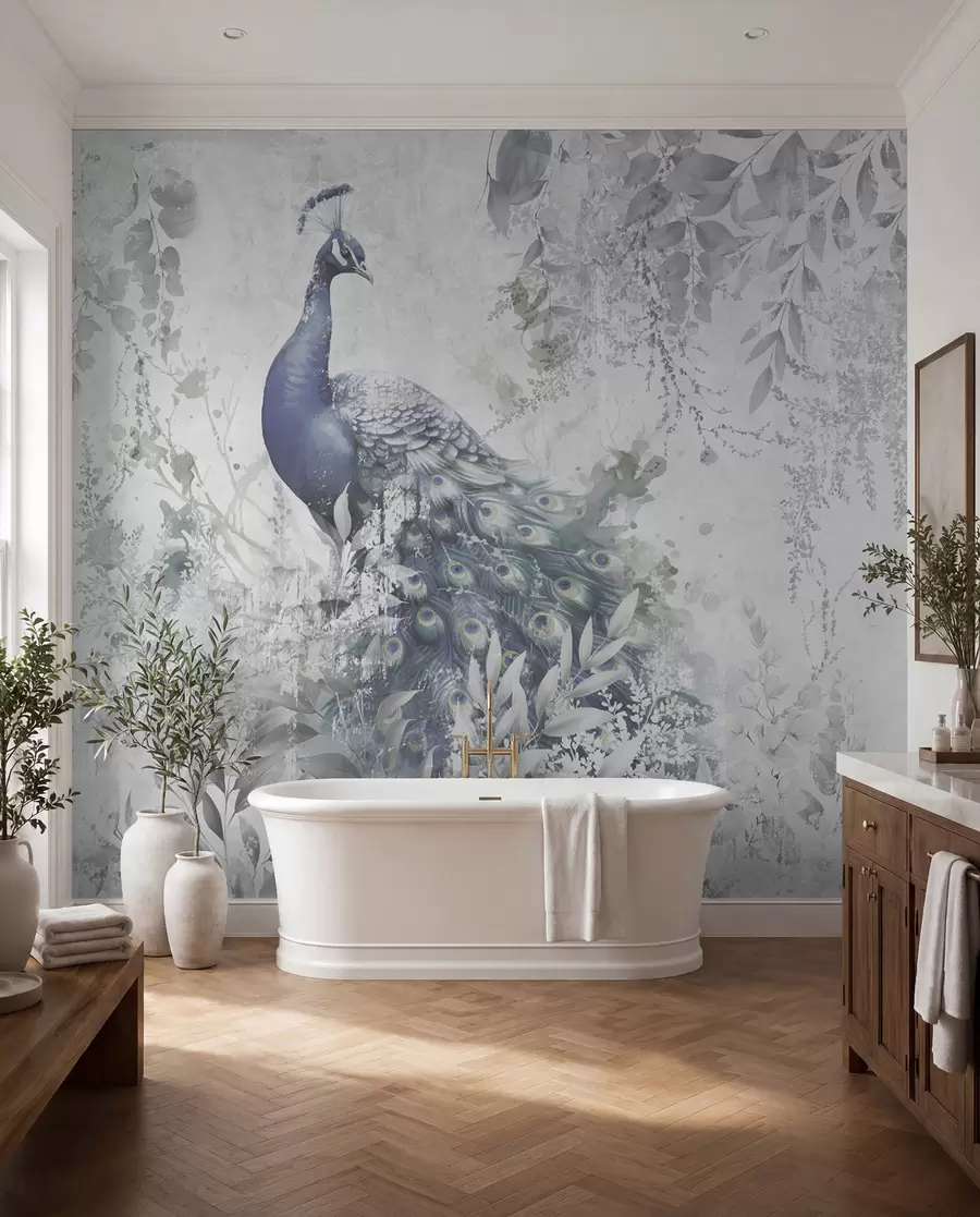 Fototapete Zerbrechlicher Pfau auf Grunge-Betonhintergrund u96727
