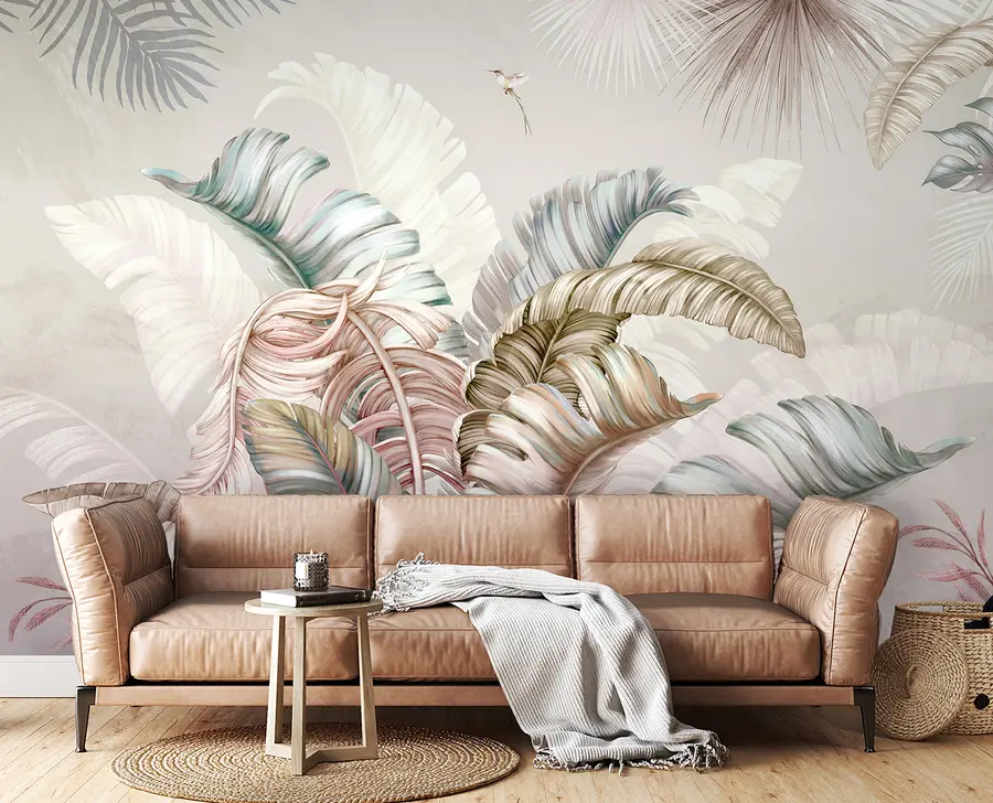Fototapete Tropische Illustration mit Palmbananenblättern und Vögeln u96254